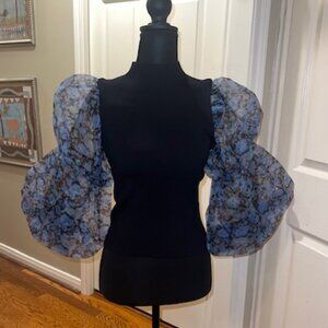 Garcia Black Turtleneck Top w/ Blue Organza Puff Sleeves, Size M